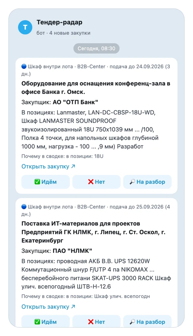 Утренняя сводка тендер-радара в Telegram с открытыми закупками